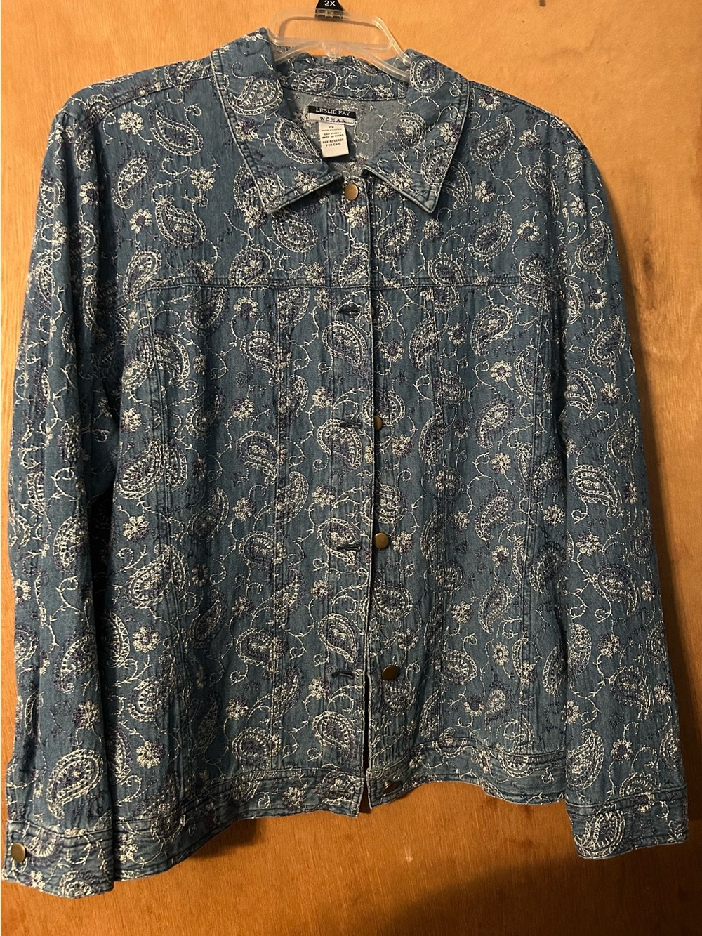 Leslie Fay Blue Denim Jacket with White Paisley Embroidery